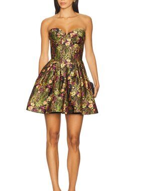 Elliatt Strapless Metallic Floral Fit-and-Flare Dress in Gold, Green, Pink